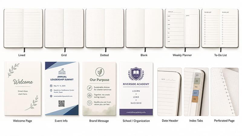 Custom A5 notebook inner pages with lined, grid, dotted, blank, planner, and branded layouts