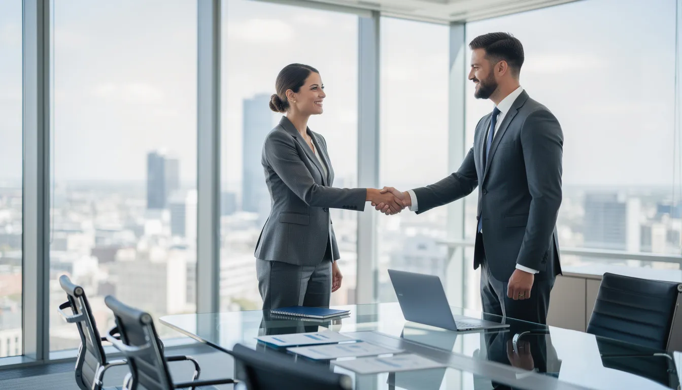 The image shows two business professionals shaking hands in an office setting, symbolizing a partnership that could be protected by key person disability insurance. This type of insurance provides financial support for businesses in case a key employee becomes disabled, ensuring continuity and stability in operations.