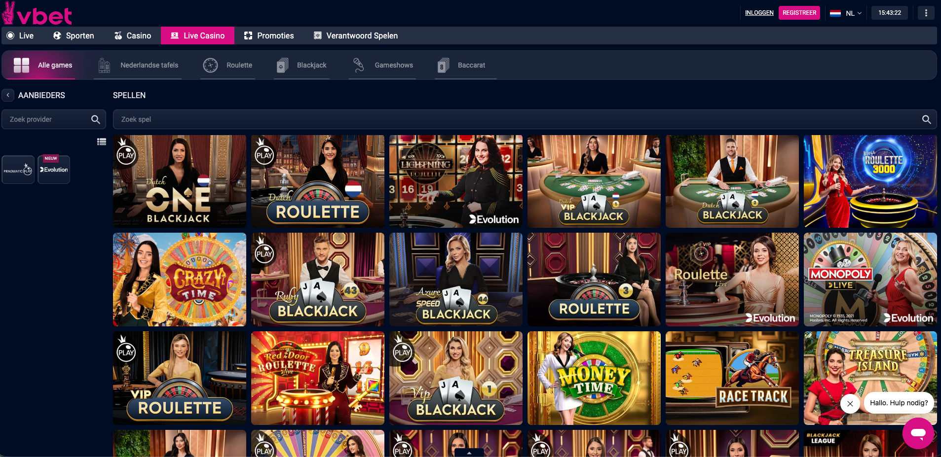 Overzicht van de vbet live casino lobby met live dealer spellen zoals Roulette, Blackjack, Crazy Time, Monopoly Live en Money Time, waarbij spelers realtime kunnen spelen met live dealers en interactieve spelshows.