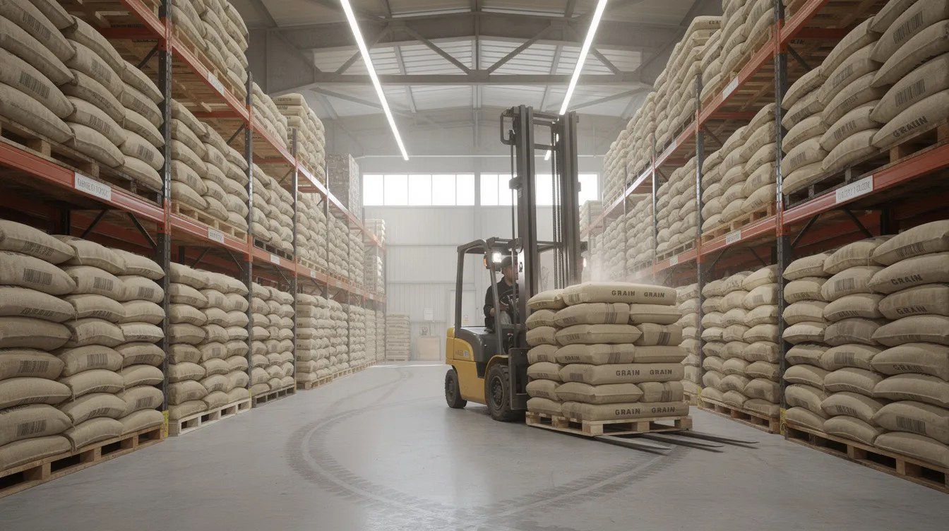 The image depicts the interior of an industrial warehouse filled with stacked grain bags on pallets, highlighting the storage area essential for the food processing industry, specifically for gram flour production. A forklift is seen navigating the aisle, indicating the operational efficiency and logistics involved in managing raw materials for a besan mill plant.
