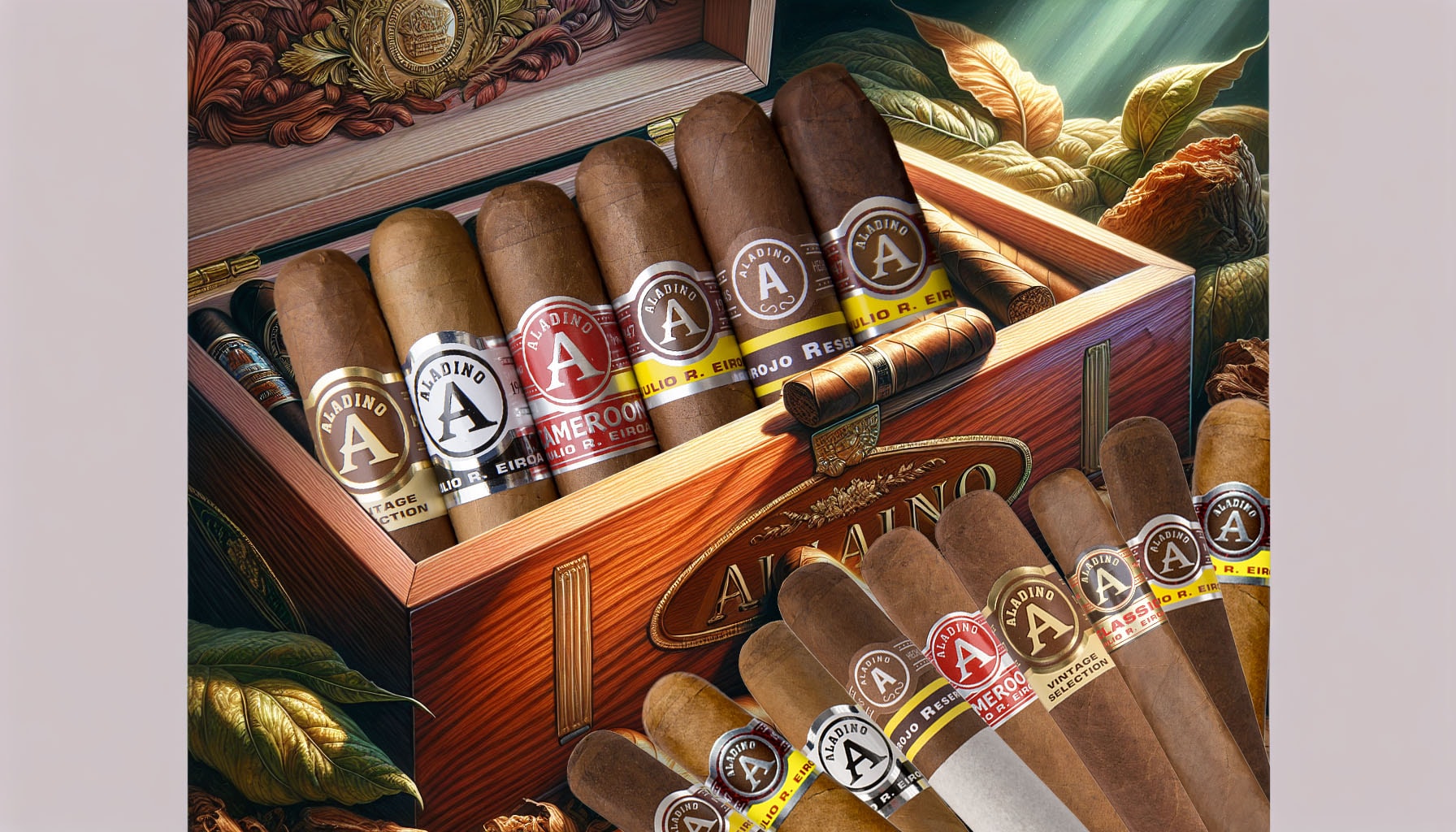 An artistic representation of Aladino cigars in a humidor.