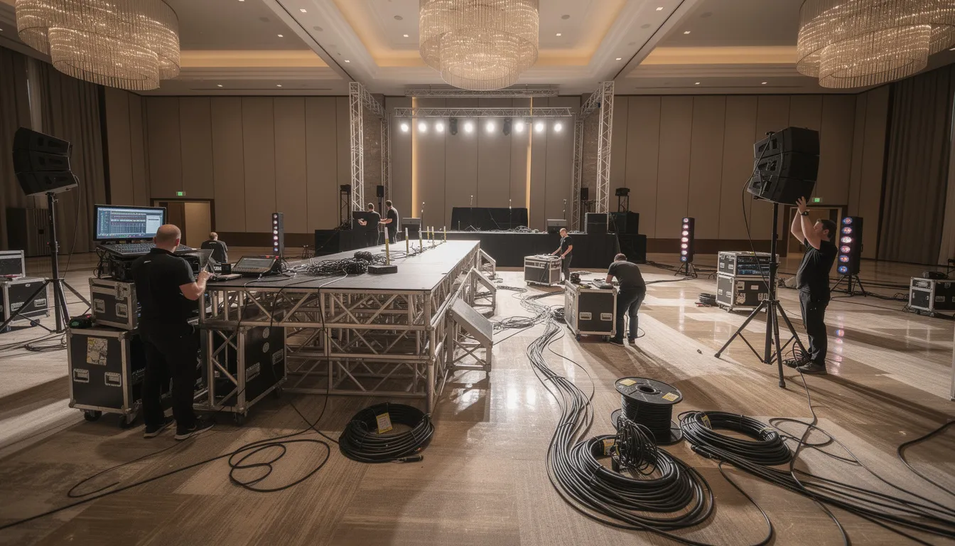 A team of experienced professionals is setting up staging and audio visual equipment, including LED screens and sound systems, in a hotel ballroom for an upcoming corporate event. The meticulous installation process showcases their commitment to creating extraordinary experiences and ensuring customer satisfaction in the event industry.