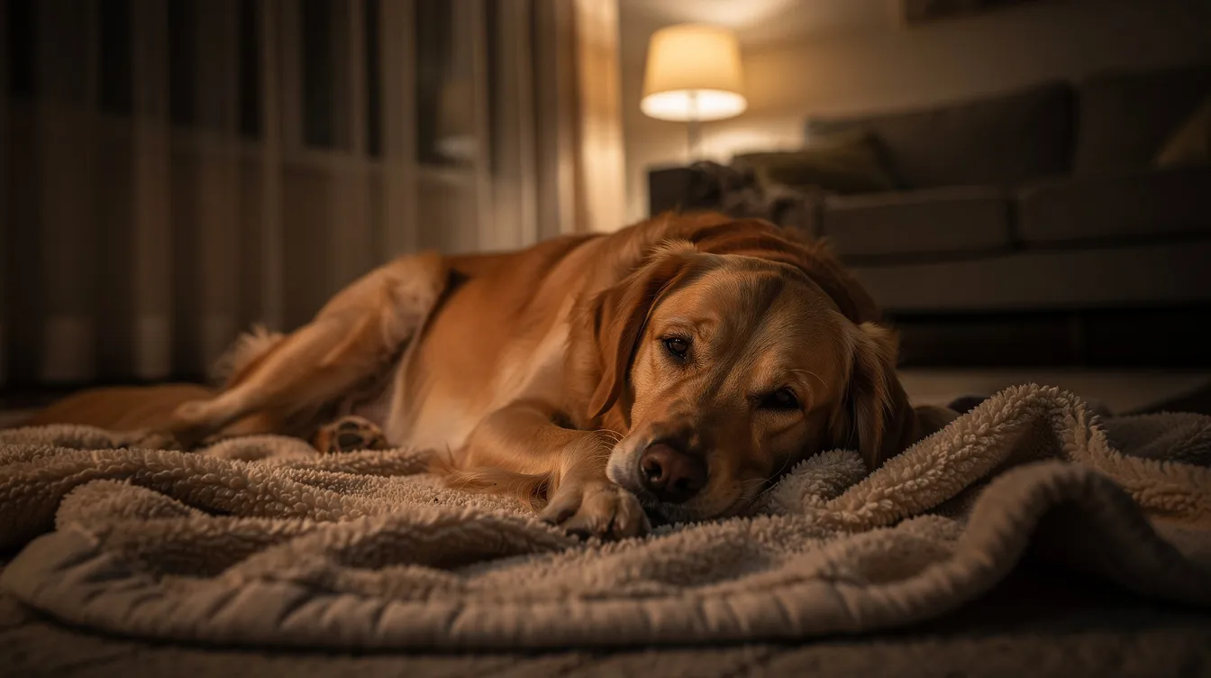 A golden retriever lies peacefully on a soft blanket in a dimly lit room, with the curtains drawn, creating a safe space that helps keep the dog calm amidst any loud noises like fireworks or thunderstorms. Its relaxed demeanor suggests it feels secure and comfortable, providing a perfect example of how pets can remain calm during stressful situations.