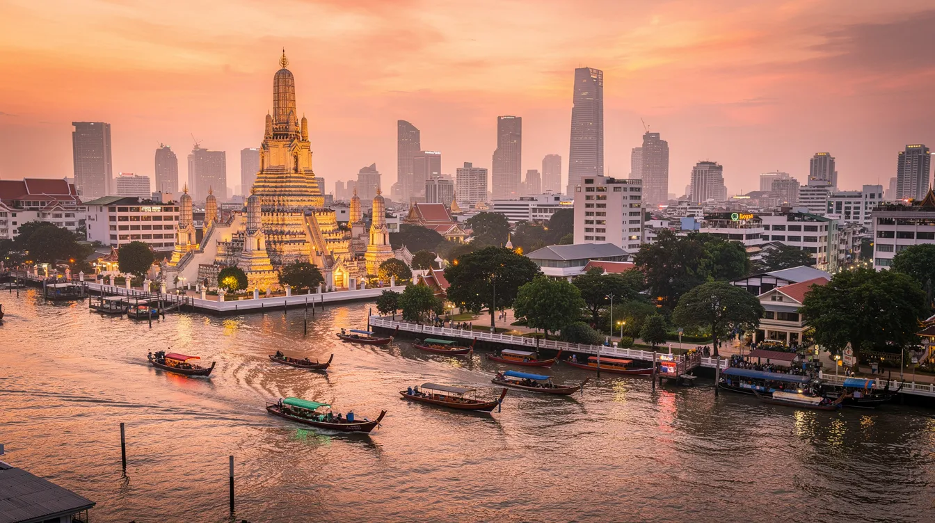 A imagem mostra uma vista deslumbrante de Bangkok, na Tailândia, com o famoso Grand Palace em destaque, cercado por arranha-céus e a movimentação de pessoas nas ruas. O cenário reflete a fusão entre a tradição tailandesa e a modernidade da capital, atraindo turistas de todo o mundo.