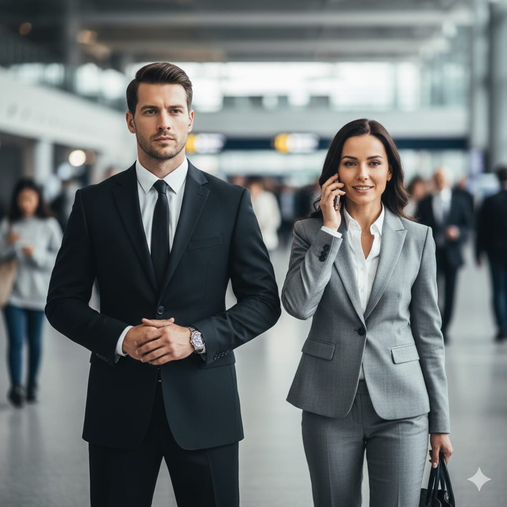 A photo illustrating a bodyguard maintaining discreet close protection, showing vigilance and professionalism.