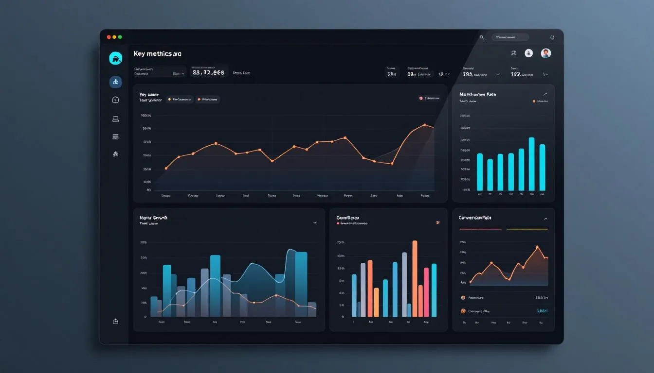 The image depicts an analytics dashboard featuring growth charts and key performance metrics, illustrating the success of various marketing strategies employed by a digital marketing agency. The visuals highlight measurable results and insights that contribute to achieving business goals and increasing revenue.