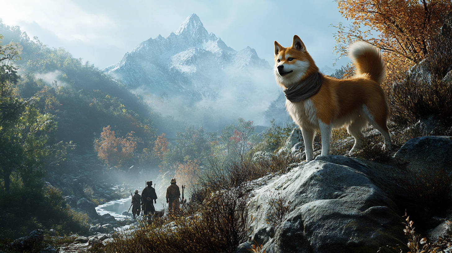 An historical image of the Shiba Inu hunting in rugged mountains