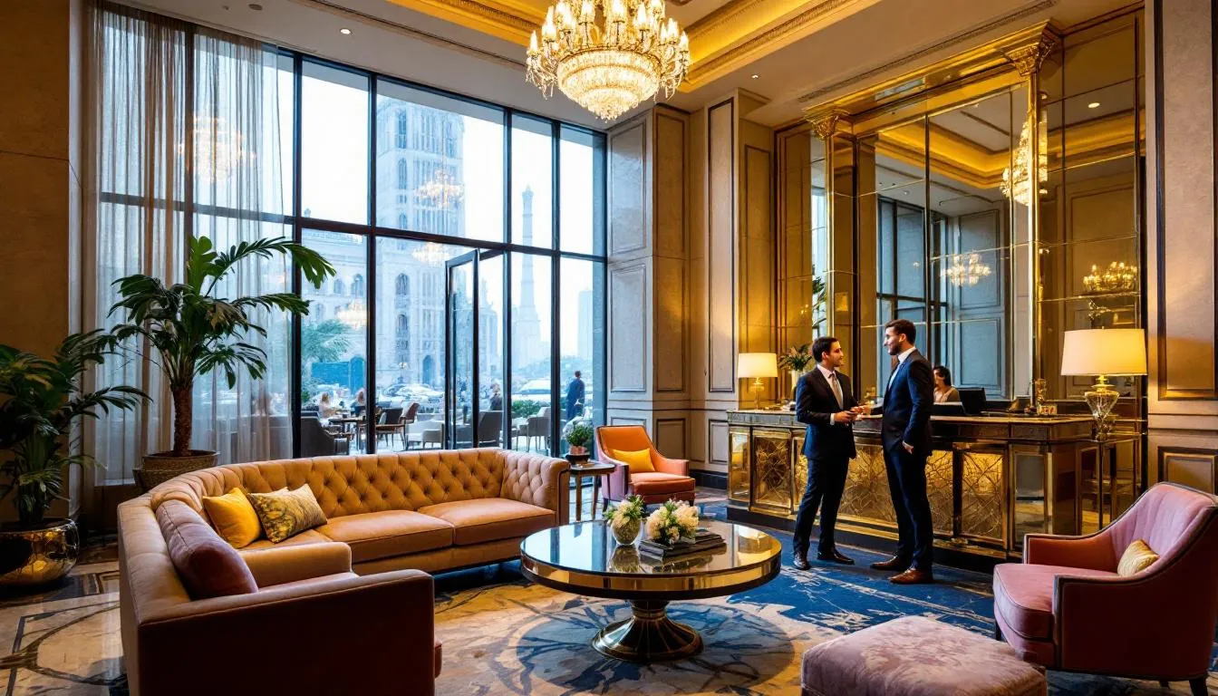 In a luxurious hotel lobby, elegantly furnished with plush seating and ornate decor, guests are checking in at a sleek reception desk, creating an inviting atmosphere for potential visitors. This scene highlights the importance of effective hotel marketing strategies, such as hotel PPC campaigns and online advertising, to attract more bookings and enhance guest experiences.