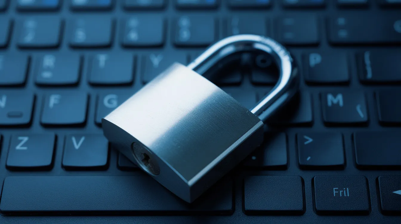 Die Nahaufnahme eines Vorhängeschlosses auf einer Tastatur symbolisiert digitale Sicherheit und den Schutz von Zugangsdaten. Dieses Bild vermittelt die Wichtigkeit von Passwörtern und dem sicheren Einloggen auf Websites.