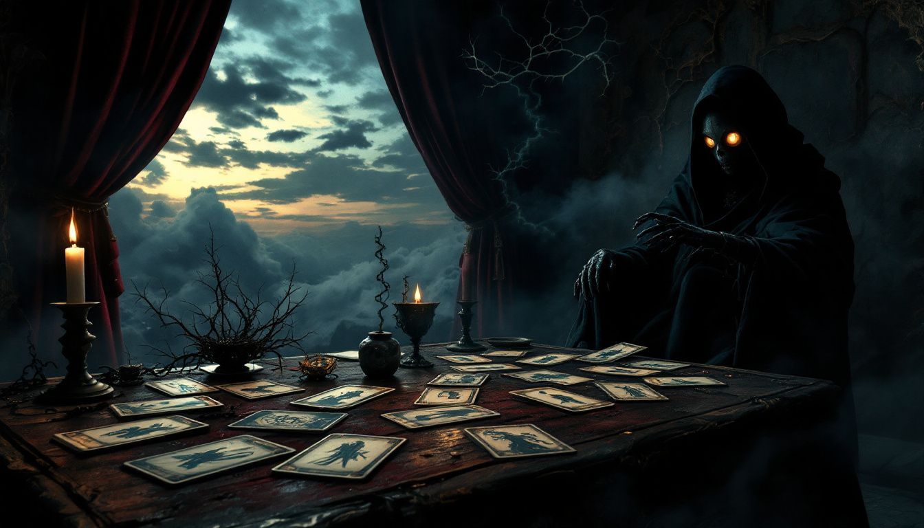 An assortment of dark tarot cards displayed on a mystical background.