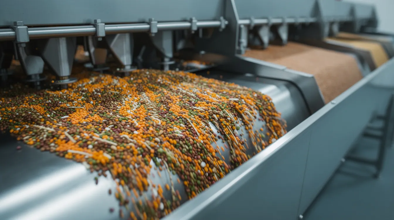 5cdfe30f 74f6 4b8f ab74 9494c003a74b The image shows a close-up view of industrial grain sorting machinery, where colorful pulses are being separated on a conveyor belt, highlighting the advanced dal mill machines used in the processing of raw materials. This machinery plays a crucial role in maintaining product quality and operational efficiency in dal mill businesses, catering to the rising demand for processed pulses.