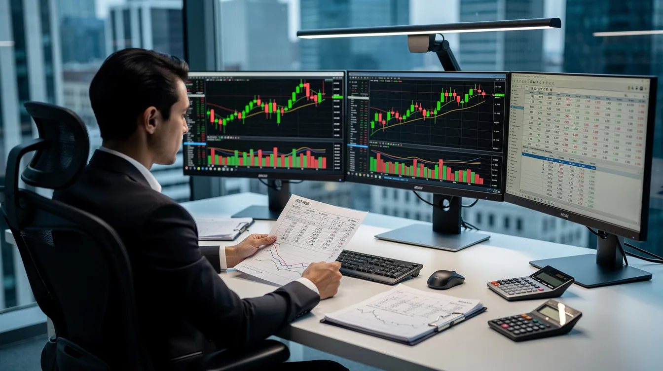 A person sits at a desk, intently reviewing financial charts and documents displayed on multiple screens, likely analyzing data related to peer to peer lending, personal loans, and investment opportunities. The environment suggests a focus on assessing loan portfolios and interest rates, essential for making informed decisions in the lending platform industry.