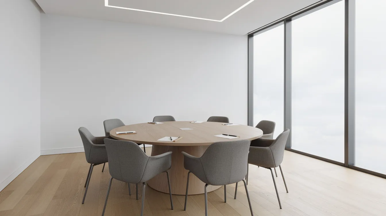 The image depicts a neutral meeting room featuring a round table surrounded by chairs, with large windows that allow natural light to fill the space. This setting is ideal for discussions related to partnership agreements and resolving business partnership disputes, providing a conducive environment for direct negotiation and alternative dispute resolution.