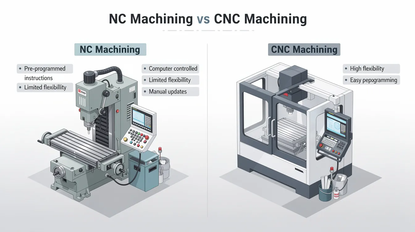 The image illustrates the concept of NC machining, highlighting its definition, types, and differences from CNC machining. It features various machine tools, such as NC milling machines and lathes, which are used in precision machining to create complex geometries and machined parts with high accuracy in the manufacturing industry.