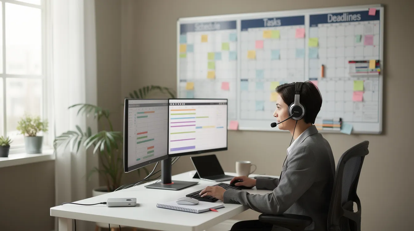 The image depicts a person working in a clean home office, equipped with dual monitors and a headset, while organized scheduling boards adorn the wall, reflecting an efficient workspace ideal for those exploring home-based business or franchise opportunities. This setup highlights the advantages of operating a mobile franchise or service-based business from a comfortable and organized environment.