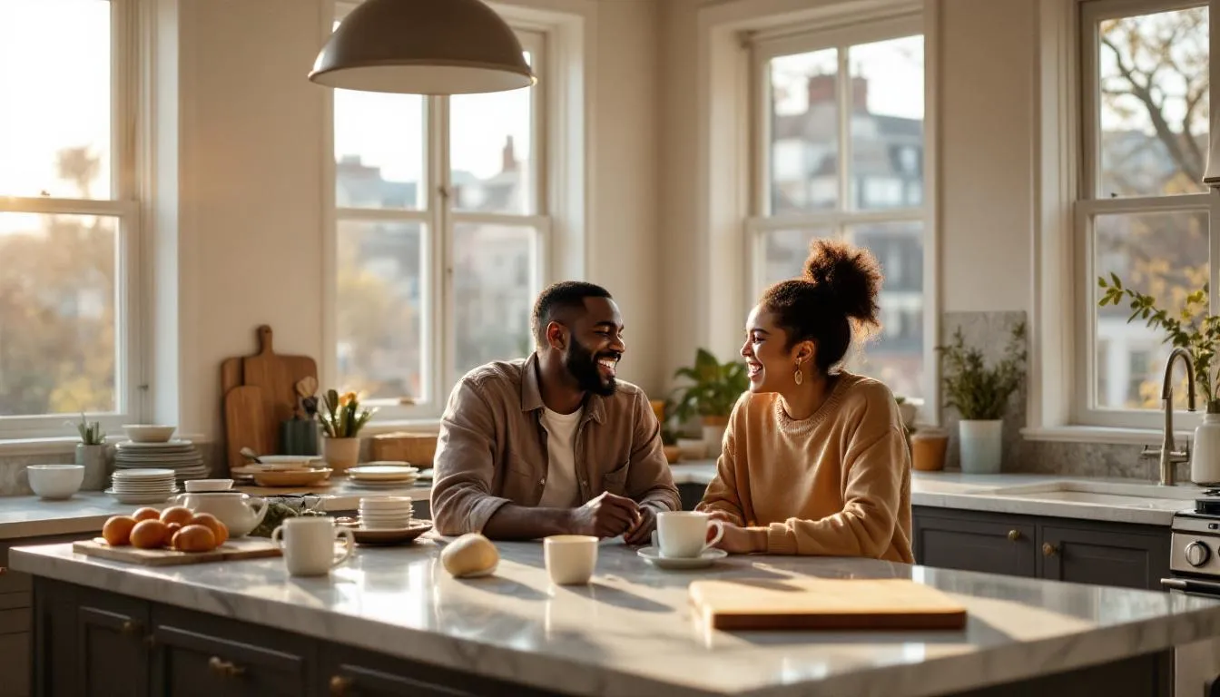 A joyful interracial couple, a Black man and a White woman, share a moment of laughter while enjoying coffee at a marble kitchen island in their Brooklyn brownstone. Sunlight floods the room, illuminating their emotional connection and the cozy kitchen clutter, while a classic Brooklyn rooftop view is visible through the window, symbolizing their secure attachment and mutual respect in a healthy relationship.