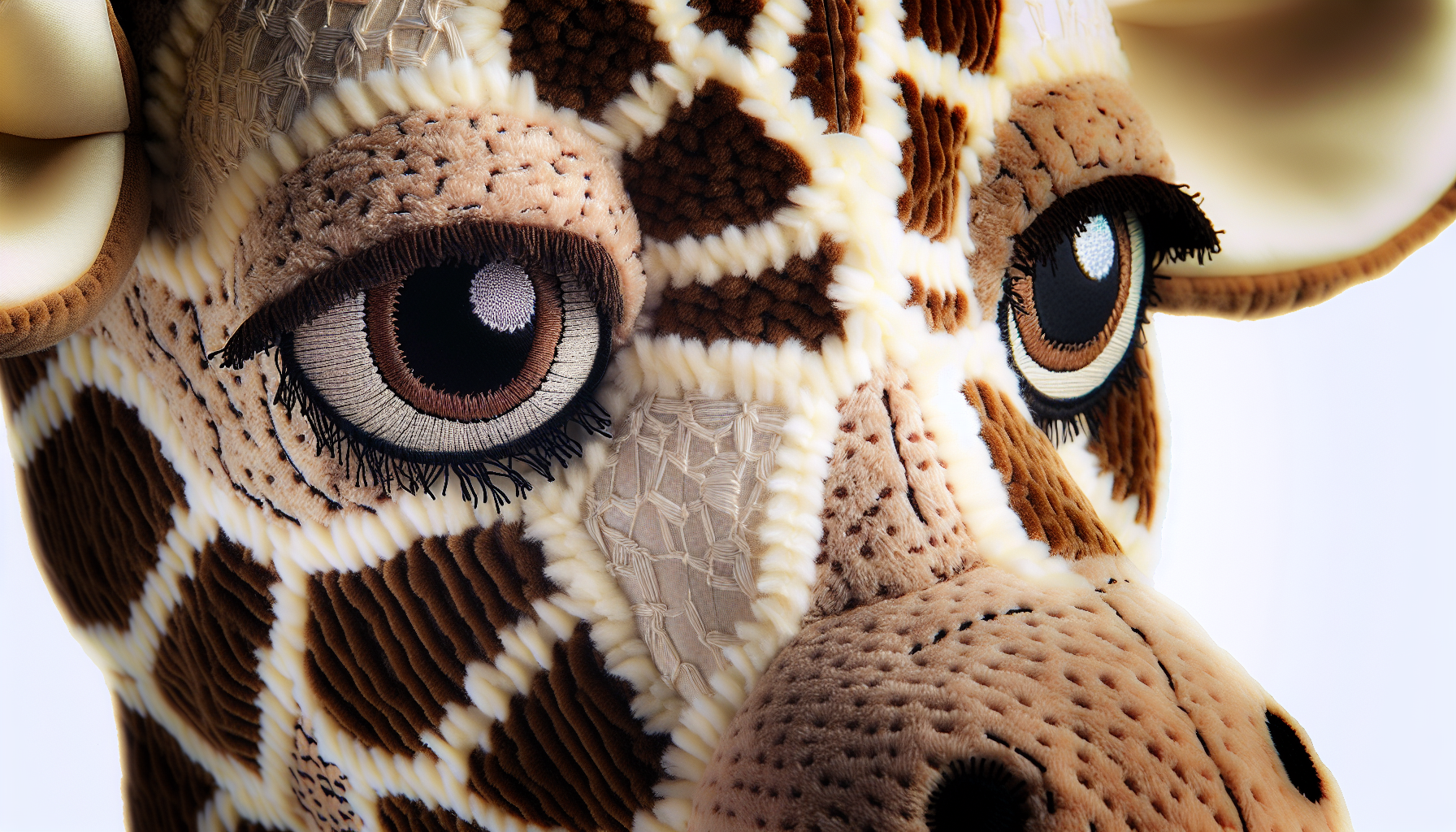 Close-up of embroidered eyes on a giraffe plush