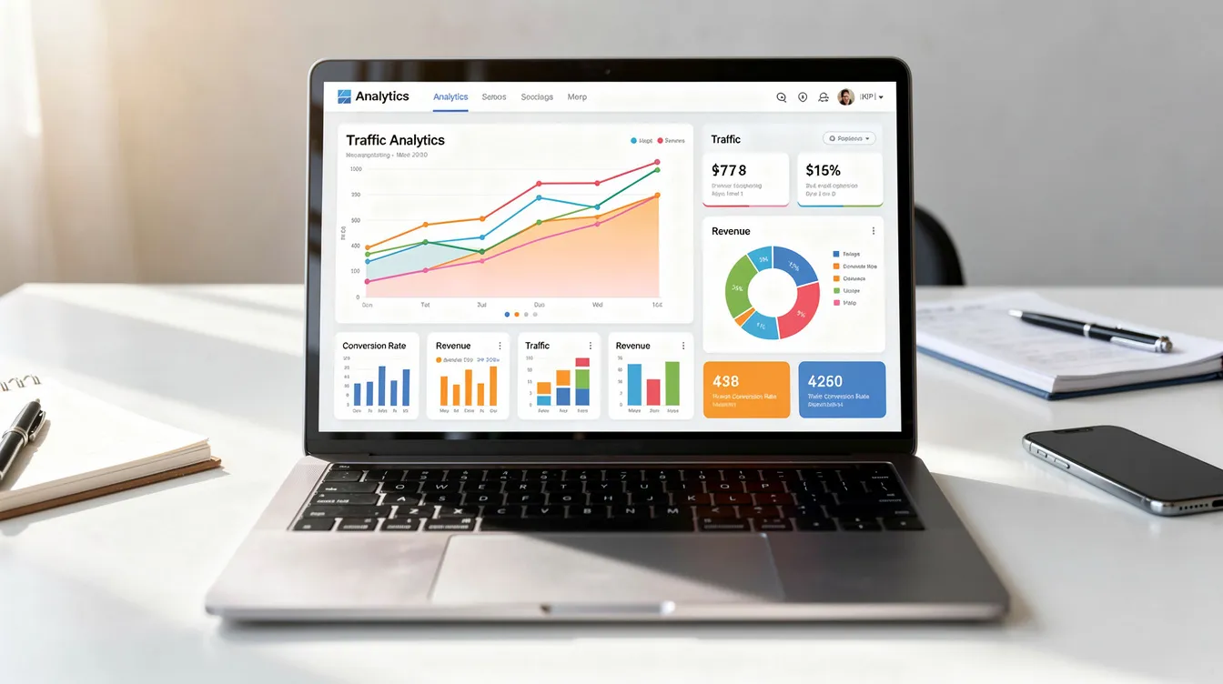 The image shows a laptop screen filled with marketing analytics, featuring various colorful charts and graphs that represent data on marketing efforts and business goals. This visual emphasizes the importance of effective marketing strategies and the need for strategic leadership, such as a fractional chief marketing officer, to drive business growth.