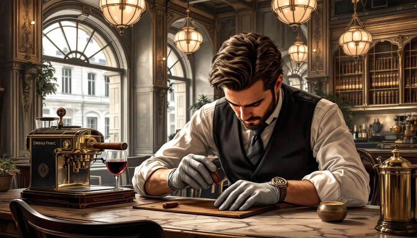 An illustration depicting the craftsmanship involved in creating Emissary France cigars.