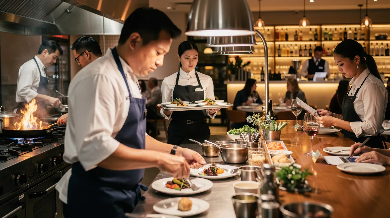 The image shows a busy restaurant staff actively serving customers during dinner service, with team members working together efficiently in a lively atmosphere. The scene highlights the importance of effective payroll processing and management for small businesses to ensure smooth operations and compliance with tax regulations.
