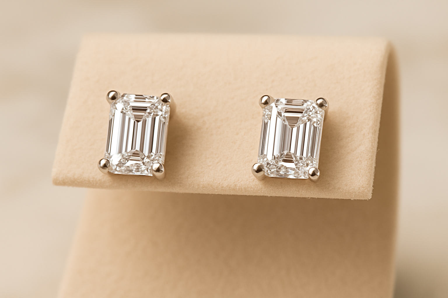 auskarai su emerald cut deimantais balto aukso įdėklais, eksponuojami ant šviesaus smėlio spalvos juvelyrikos stovo.