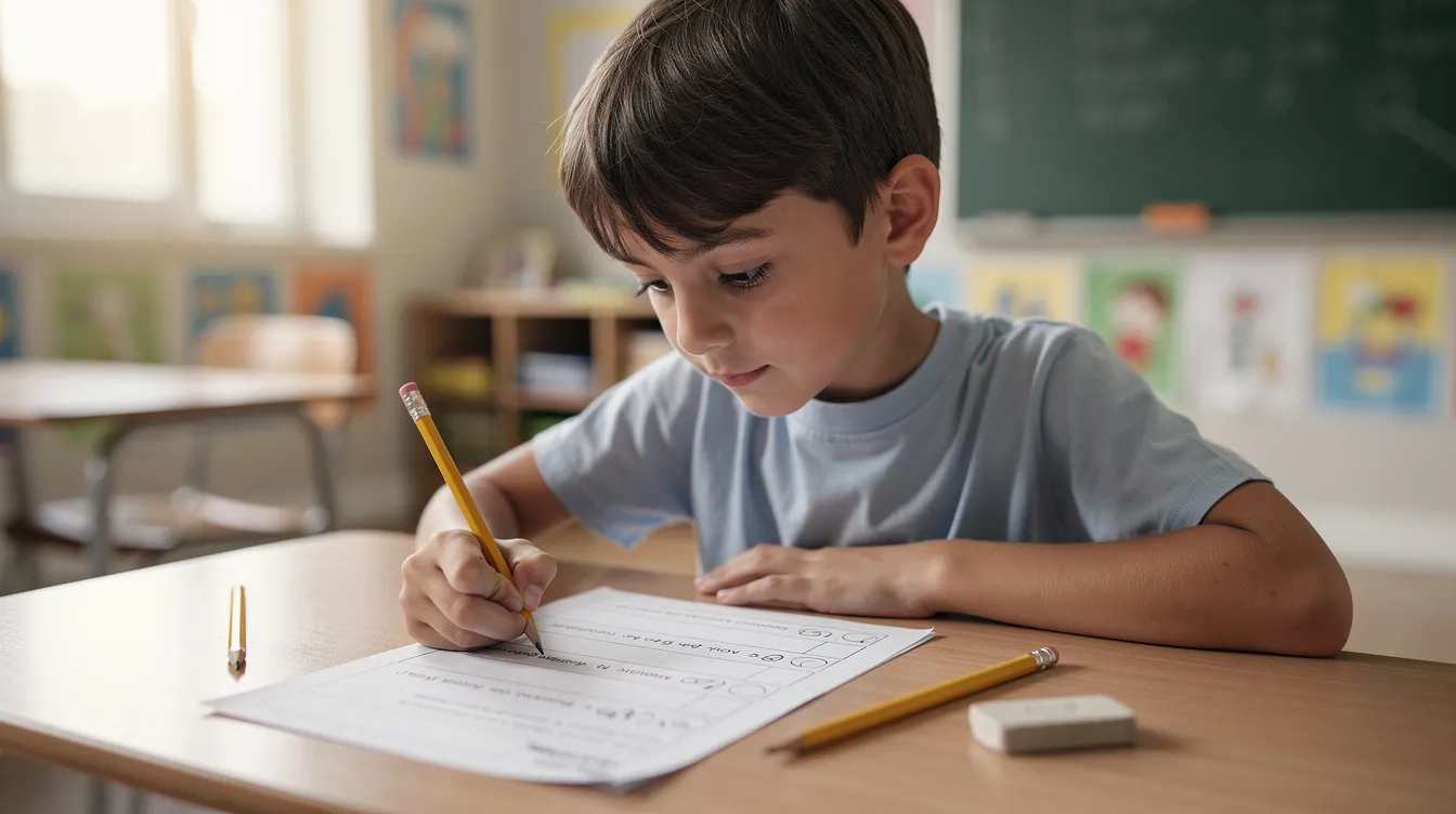 Na obrazku widać dziecko siedzące przy biurku szkolnym, które trzyma ołówek i patrzy na kartkę z testem z matematyki dla klasy 4. Na kartce znajdują się zadania tekstowe dotyczące liczb naturalnych, działań pisemnych oraz figury geometryczne.