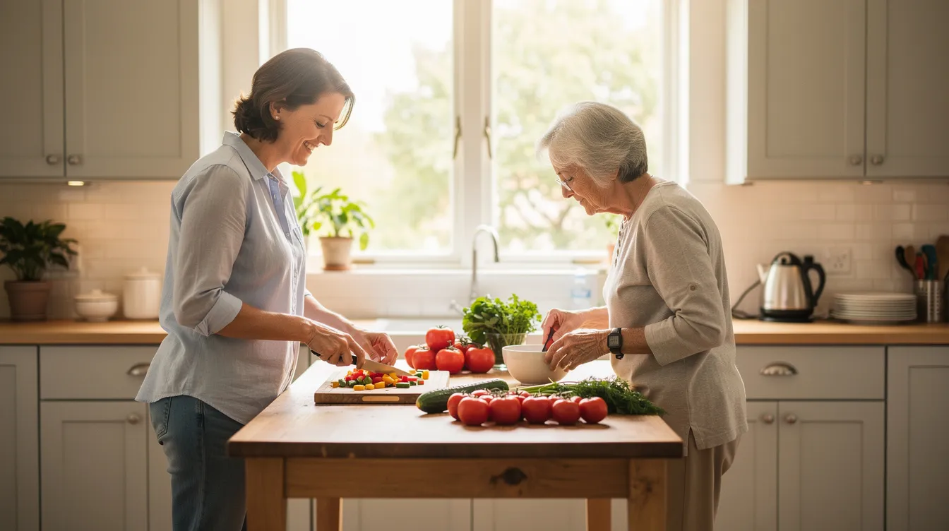 A caregiver and an older adult are joyfully preparing a simple meal together in a bright, airy kitchen, emphasizing the importance of adequate nutrition for healthy aging. The scene highlights the benefits of cooking together, which can improve mental health and strengthen social connections among older adults.