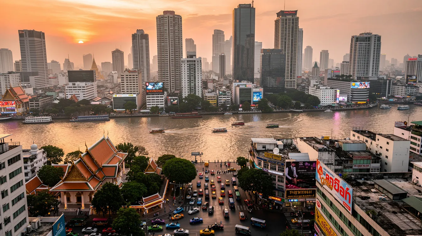 A imagem mostra uma vista panorâmica de Bangkok, Tailândia, com seus altos arranha-céus e templos tradicionais. A cidade, vibrante e cheia de vida, é um destino popular para turistas que buscam explorar sua rica cultura e vida noturna.