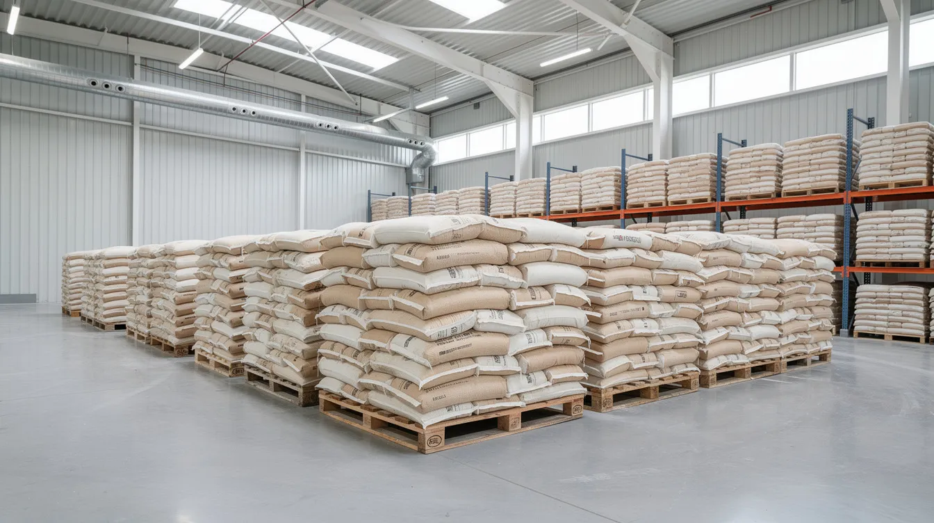 The image shows neatly stacked bags of wheat grain inside a clean industrial warehouse, highlighting the organized storage of raw materials essential for a flour mill plant. This setting emphasizes the importance of efficient processing units in the production of wheat flour for various food products.