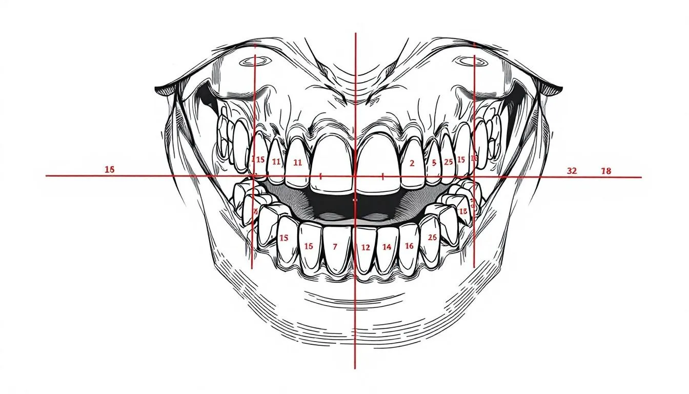 Un diagrama dental que ilustra la división de la boca en cuatro cuadrantes, con numeración clara para cada uno, mostrando las diferentes piezas dentales, como incisivos, caninos y molares, lo que facilita la comprensión del sistema dental para el paciente y el dentista.