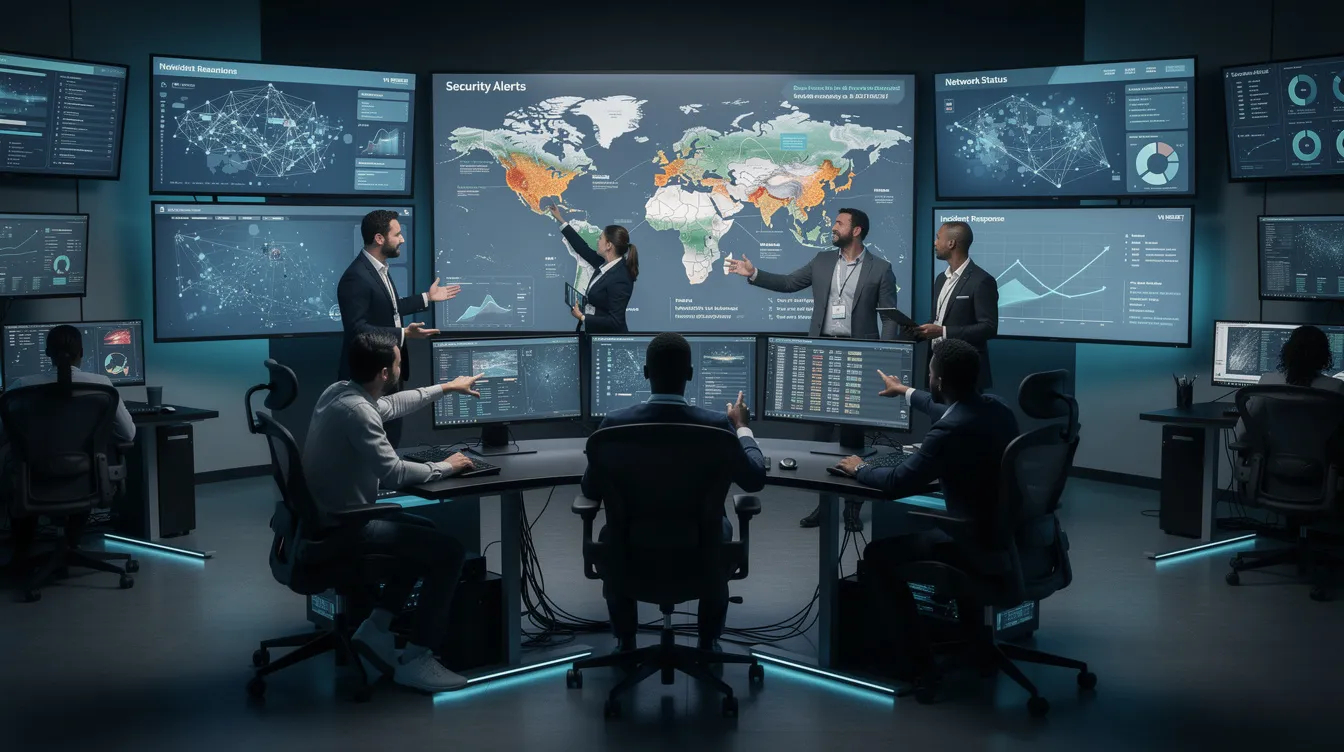 The image depicts a diverse team of security professionals collaborating in a modern security operations center, surrounded by multiple screens displaying network activity and intrusion detection systems. They are engaged in a blue team exercise, working together to enhance the organization's cybersecurity posture against evolving cyber threats.