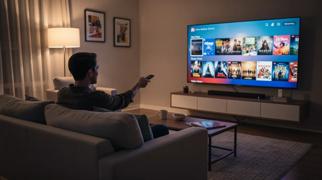 A person is sitting on a couch in a cozy living room, interacting with streaming content on a large smart TV. The scene showcases the integration of connected TV advertising as they navigate through various streaming services, highlighting the modern viewing habits of audiences engaging with digital content.