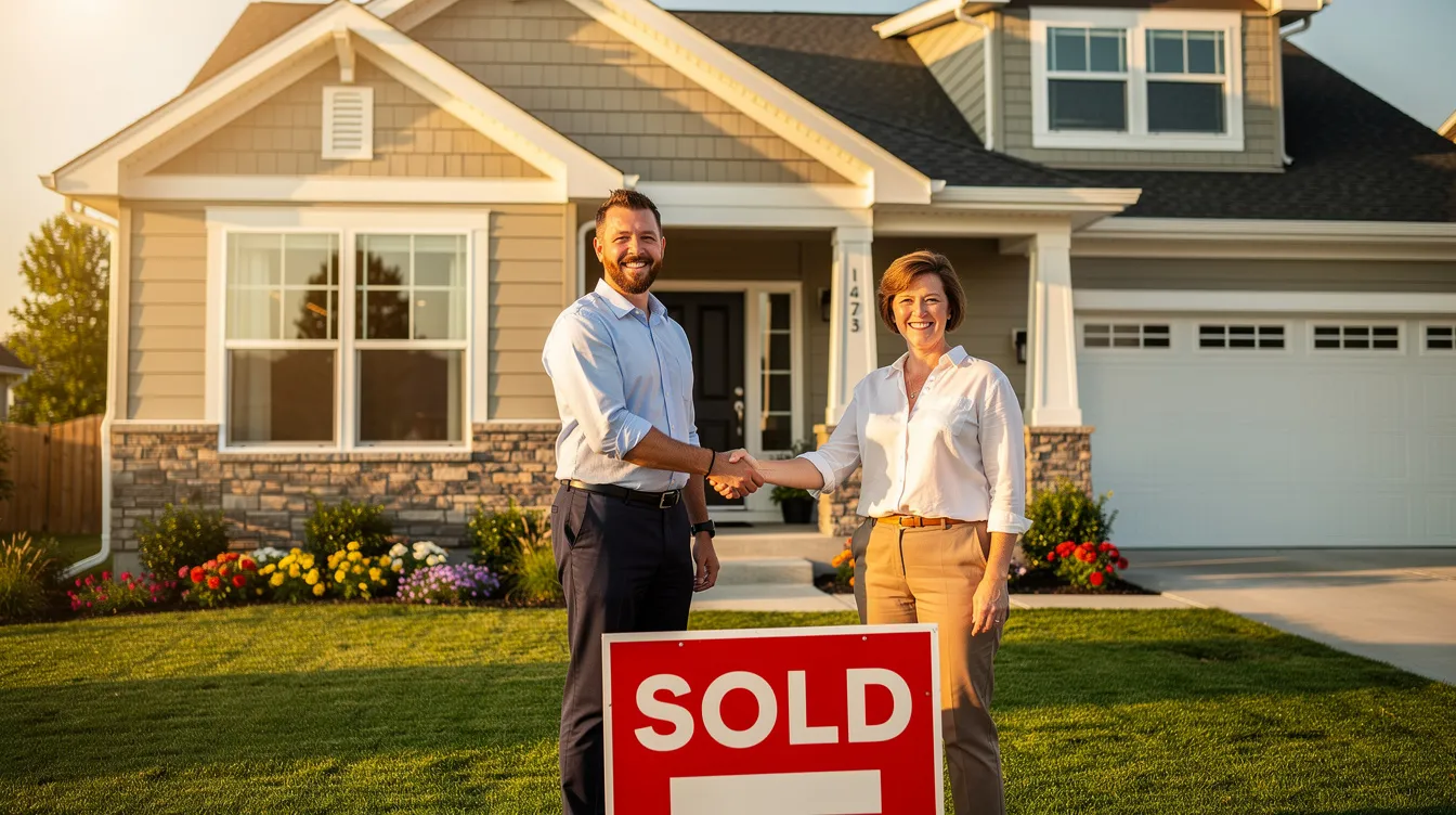 A person is shaking hands in front of a newly renovated house, with a "sold" sign prominently displayed in the yard, symbolizing a successful real estate investment. This scene highlights the importance of financing options like fix and flip loans for real estate investors looking to acquire and improve distressed properties.