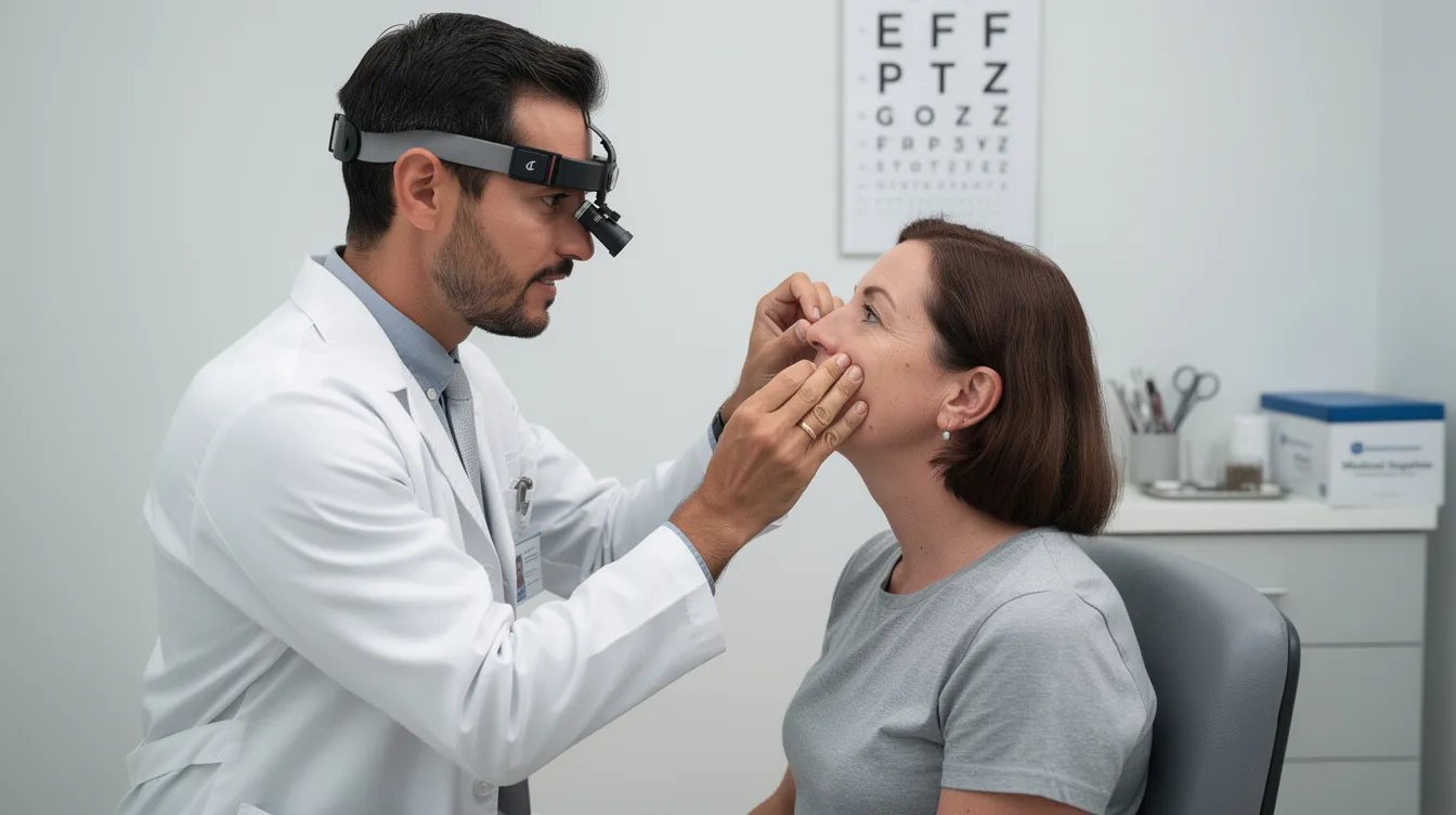 A medical professional is examining a patient's nose from the front view during a consultation, focusing on the nasal appearance and discussing options for procedures like non-surgical rhinoplasty or filler injections to enhance facial features. The patient may feel slight pressure as the doctor assesses the nasal tip and bridge for potential improvements and desired results.