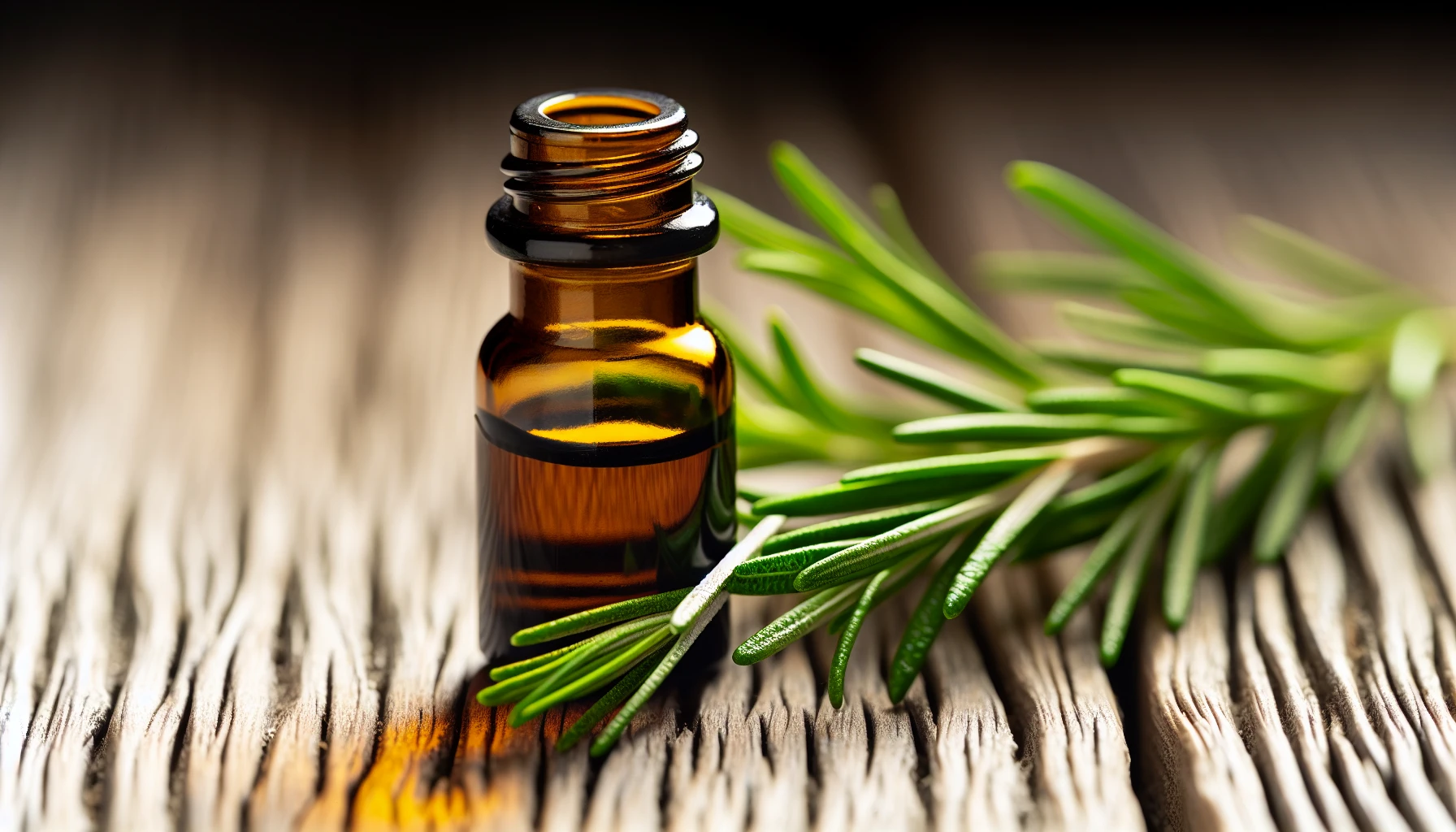 A bottle of rosemary essential oil surrounded by fresh rosemary leaves