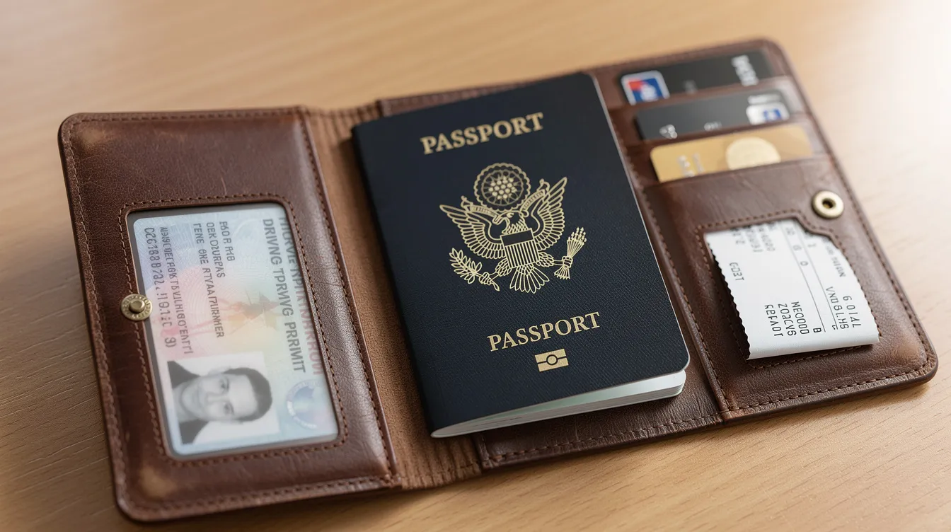 The image features a neatly organized leather travel wallet containing essential travel documents, including a passport and an international driving permit. This setup is crucial for travelers, as it ensures they have the necessary identification to drive legally in foreign countries and interact with local authorities.