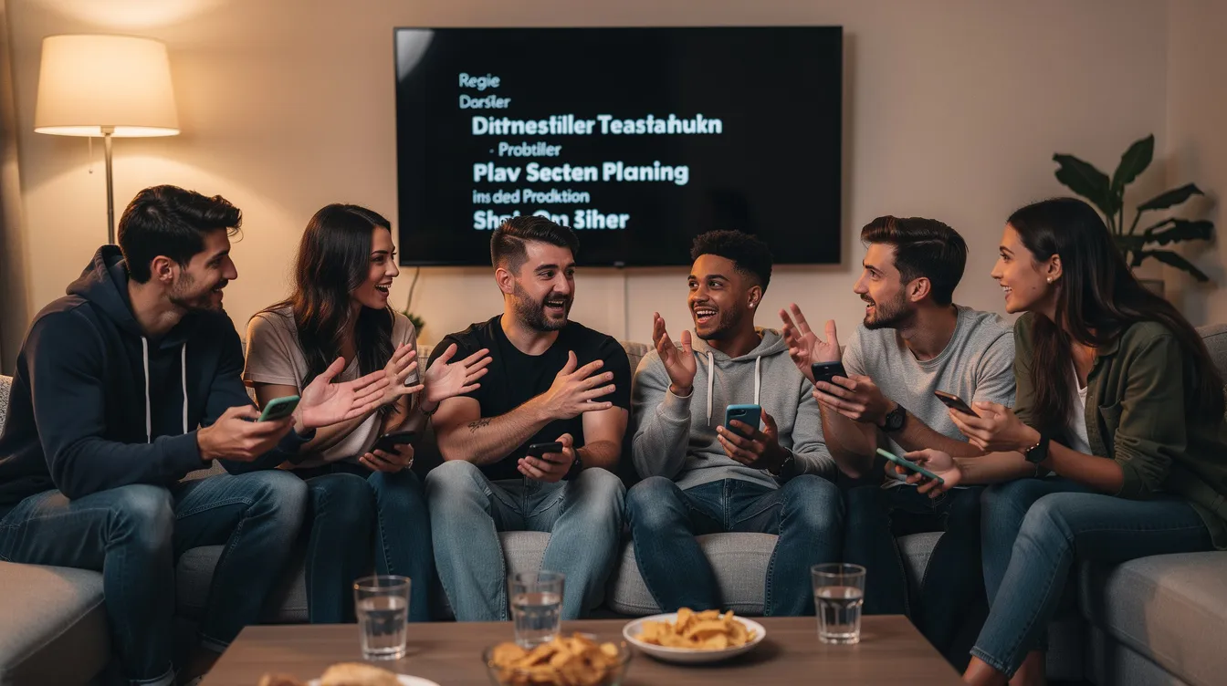 Eine Gruppe junger Leute sitzt auf einem Sofa und diskutiert lebhaft, während sie ihre Smartphones in der Hand halten. Im Hintergrund zeigt ein Fernseher den Abspann einer Serie, was auf die verschiedenen Möglichkeiten des Fernsehens und der Mediennutzung hinweist.