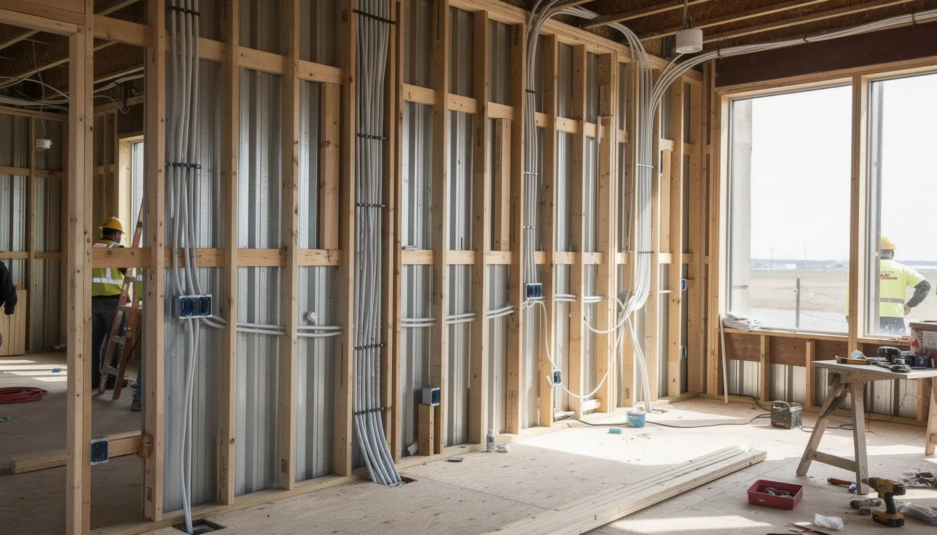 The image depicts a construction site featuring exposed wall framing, where various cables are being installed for smart home pre wiring. This setup is essential for creating a strong smart home infrastructure, allowing for future upgrades in security systems, lighting control, and home automation.