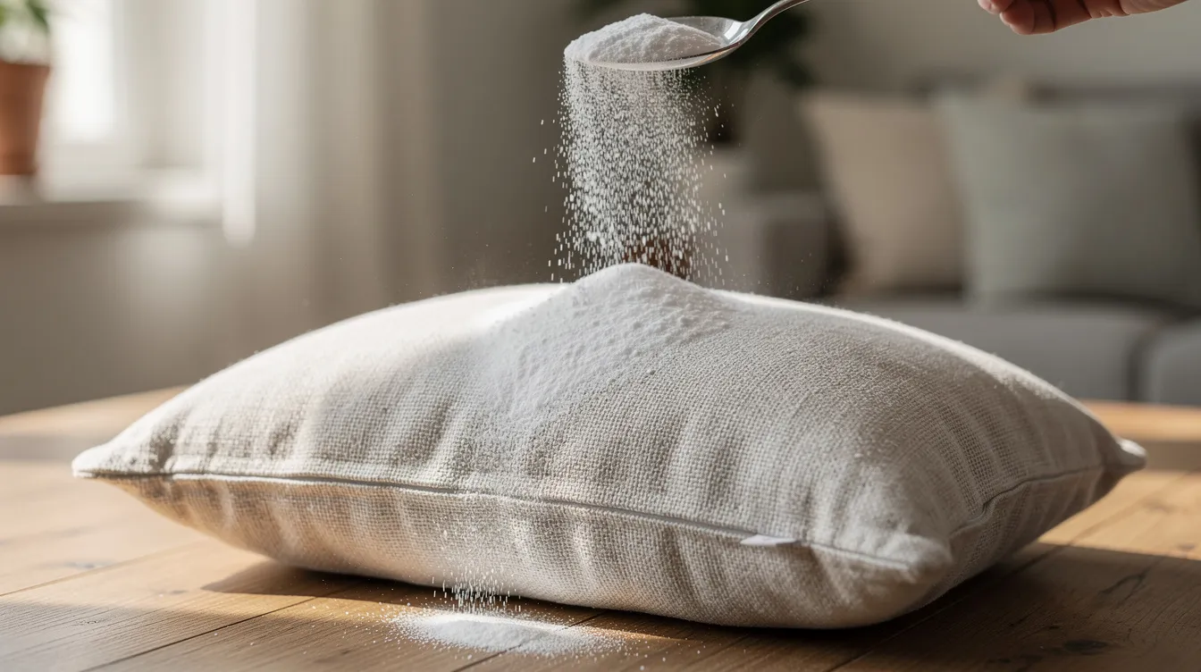 A hand is sprinkling baking soda over a fabric pillow on a table, aiming to neutralize odors and keep the pillow fresh. This method is often recommended for maintaining hygiene in memory foam pillows, especially travel neck pillows.