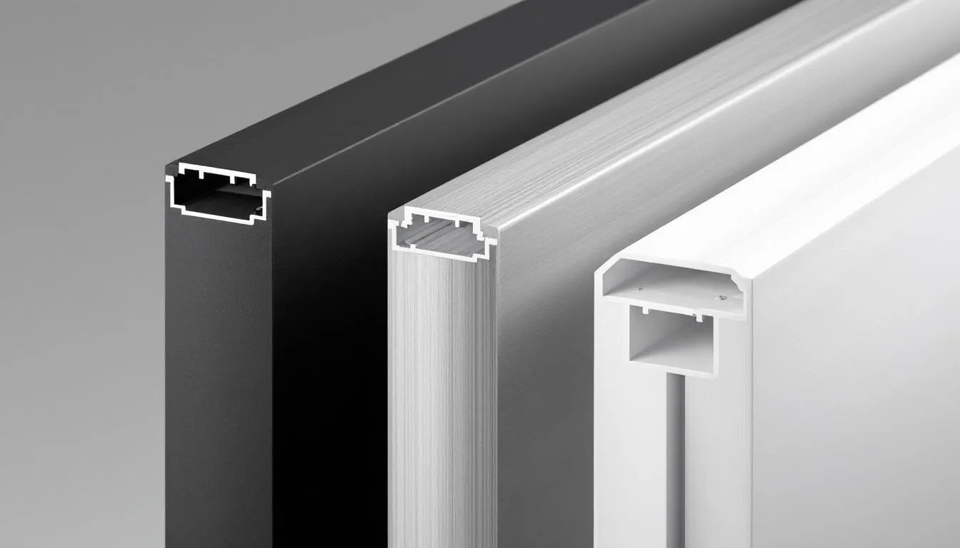 Close-up van moderne kunststof kozijnen en hoogwaardige aluminium kozijnen in verschillende kleurafwerkingen, die de veelzijdigheid en esthetiek van nieuwe kozijnen benadrukken. Deze profielen zijn speciaal ontwikkeld voor energie-efficiëntie en thermische isolatie, met opties voor dubbel en triple glas voor optimale prestaties.