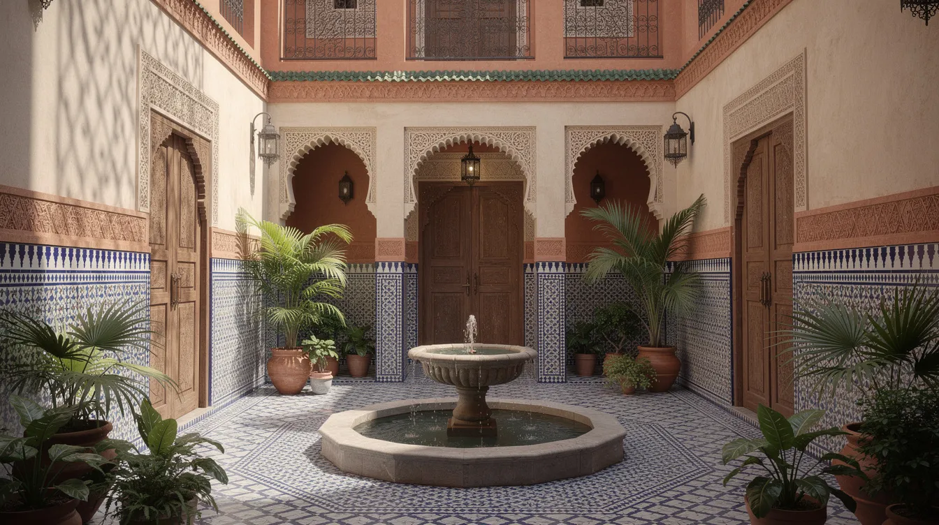 The image depicts a traditional Moroccan riad courtyard featuring intricate blue tiles surrounding a central fountain. This serene space, typical of Morocco's architecture, showcases the country's rich cultural heritage and is often found in cities like Marrakech, where the climate can be characterized by hot summers and mild winters.
