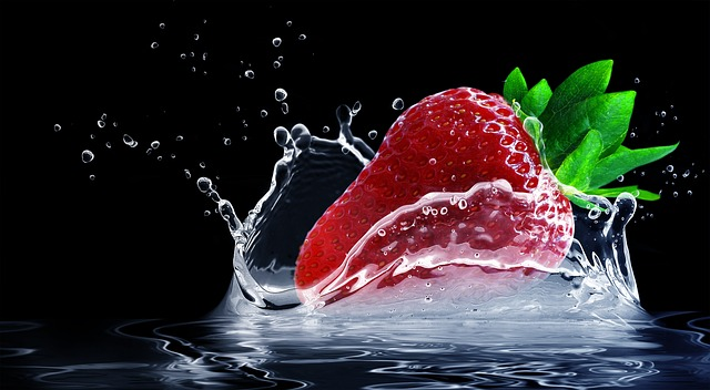 strawberry, splash, water
