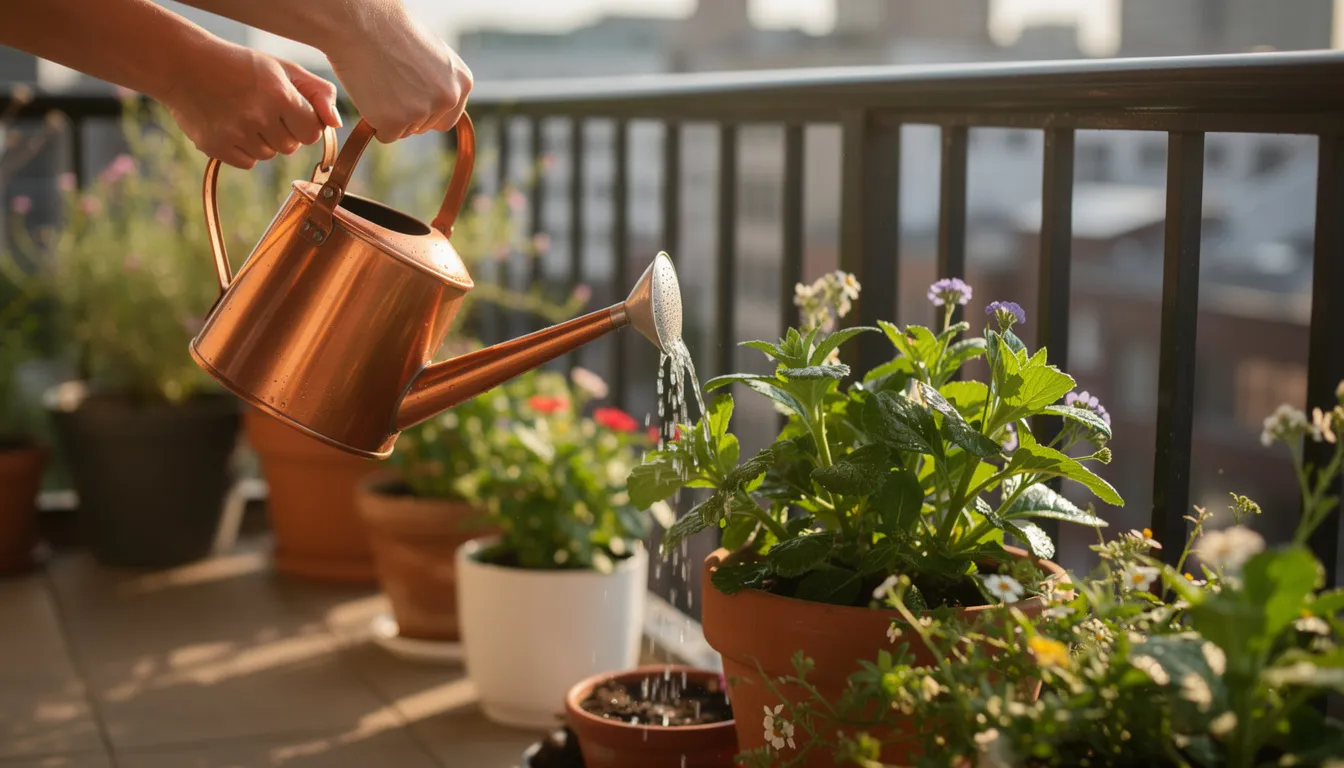 A pair of hands is watering container plants on a sunny balcony using a copper watering can, surrounded by various pots filled with leafy greens and colorful annuals. The scene captures the essence of container gardening, showcasing the vibrant life of a small balcony garden in an apartment building.