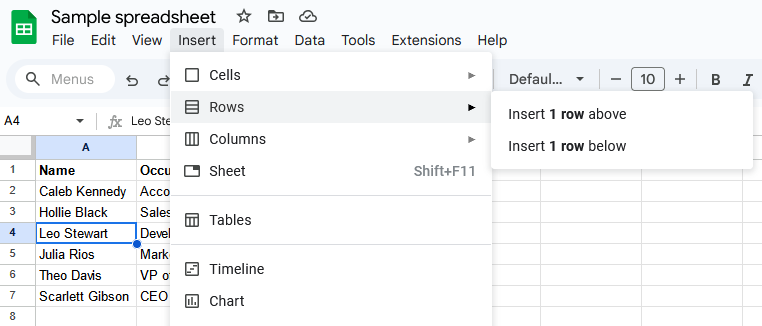 A screenshot of Google Sheets with the Rows menu open.