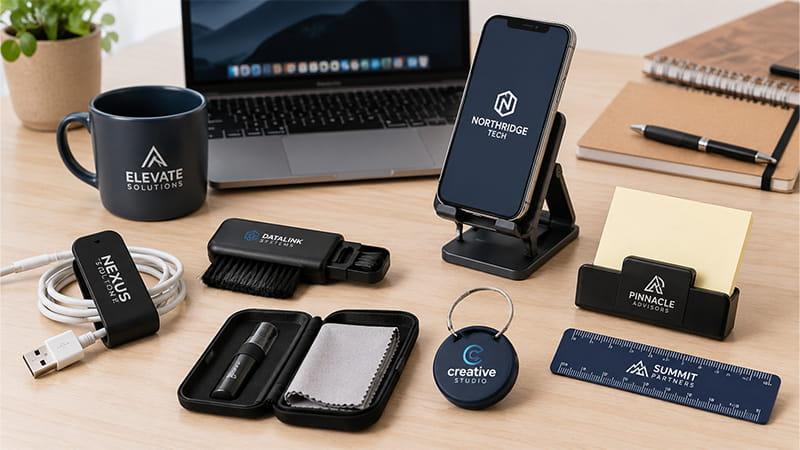 Branded marketing tchotchkes arranged on an office desk, including a mug, phone stand, cable organizer, cleaning kit, keychain, memo holder, and ruler