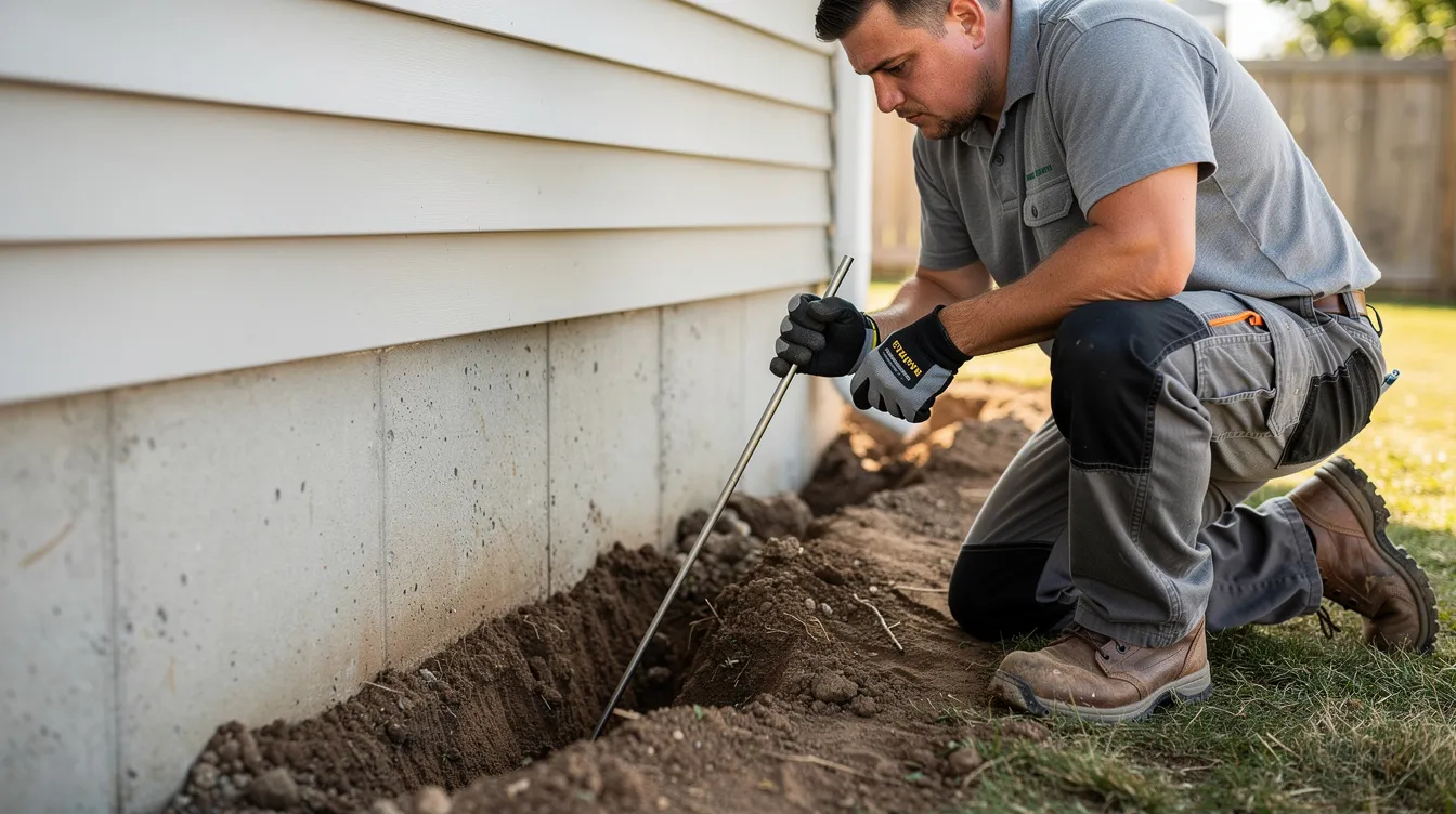 A person is kneeling by the foundation of a house, using a long screwdriver to gently probe the soil in search of a buried sewer line. This inspection is essential for locating a cleanout pipe to prevent potential sewage backups and ensure proper maintenance of the plumbing system.