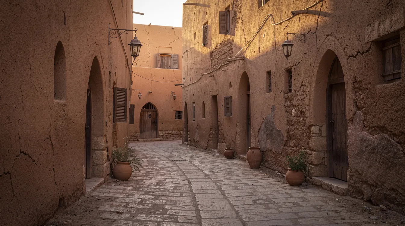 The image depicts a narrow stone alleyway in an ancient Middle Eastern village, characterized by arched doorways and weathered clay walls, reflecting the historical and cultural context of the region. This setting offers a glimpse into the architectural styles and cultural values of communities that have existed for centuries.