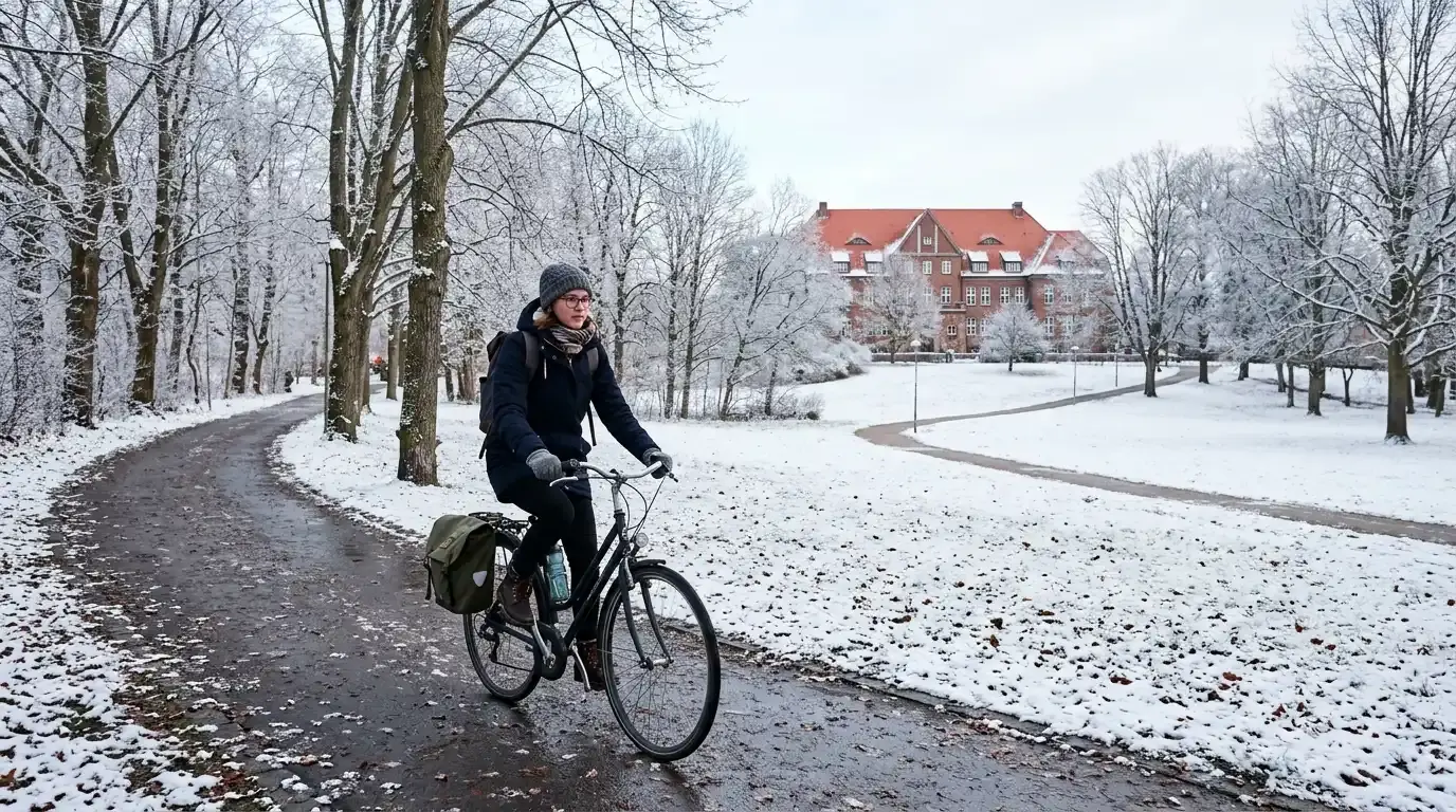 Student cycling along a snowy park path toward campus in a Norwegian winter