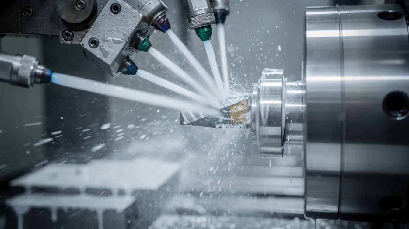 The image depicts high-pressure coolant nozzles directing streams of cutting fluid onto a workpiece during a turning operation on a CNC lathe, essential for machining titanium and reducing heat generation. This setup helps prevent tool wear and ensures high-quality results by effectively cooling the cutting tool while managing chip evacuation.