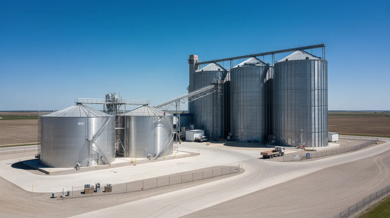 5d093b98 854d 4fd6 8b84 5e2e61ff599c The image shows a wide-angle view of a modern grain processing and ethanol production facility, featuring large steel tanks and silos under a clear blue sky. This facility represents advancements in ethanol production capabilities, playing a critical role in sustainable growth and India's ethanol blending programme.